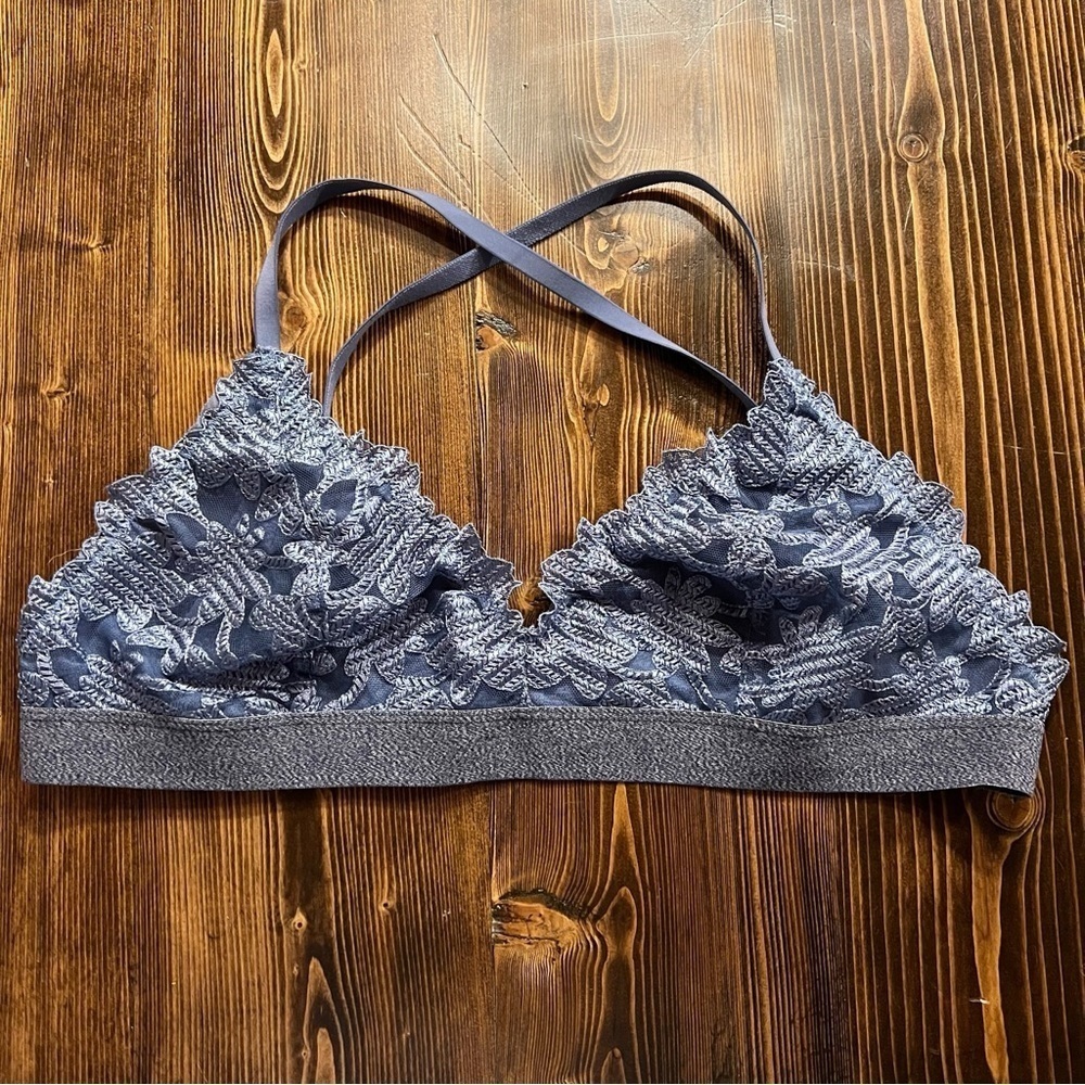 Aerie Womens Dusty Blue Floral Lace Bralette‎ XL Adjustable Cross Back